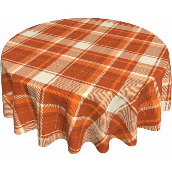 Fall Tablecloth Round 60 Inch Burnt Orange Plaid Autumn Harvest Themed Thanksgiving Day Decorative Table Cloth Holiday Seasonal Rustic Farmhouse for Indoor Party Kitchen Dinner Picnic Decor