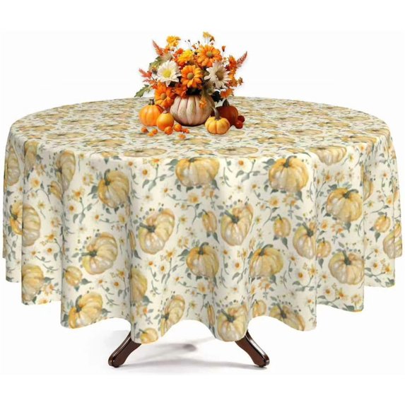 Fall Tablecloth Round 60 Inch Thanksgiving Day Pumpkin Table Cloth Waterproof Wipeable Table Cover for Autumn Party Picnic Kitchen Home Decoration