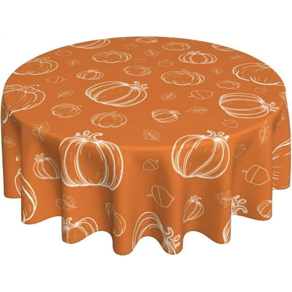 Fall Tablecloth Round 60 Inch White Pumpkins Burnt Orange Table Cloth,Stain Resistance Polyester Thanksgiving Day Harvest Table Covers for Kitchen Dining,Small Tablecloth for Party Picnic