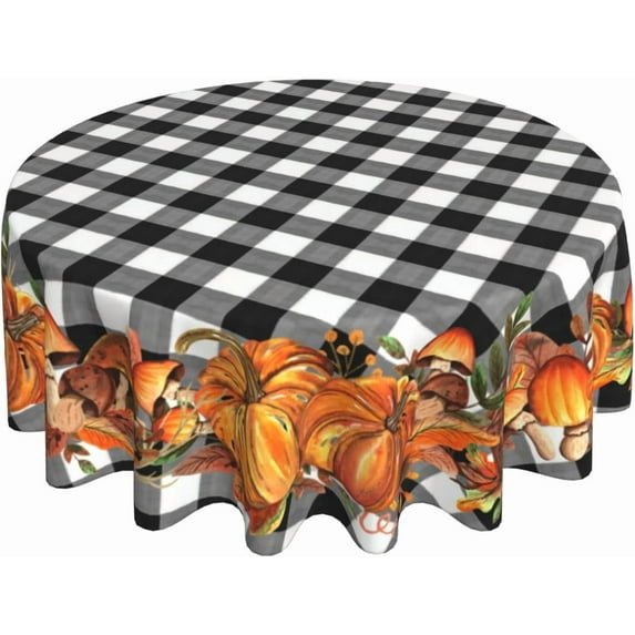 Fall Tablecloth Round 70 Inch Black White Buffalo Plaid Table Cloth,Stain Resistance Polyester Thanksgiving Day Pumpkin Harvest Table Covers for Kitchen Dining,Small Tablecloth for Party Picnic