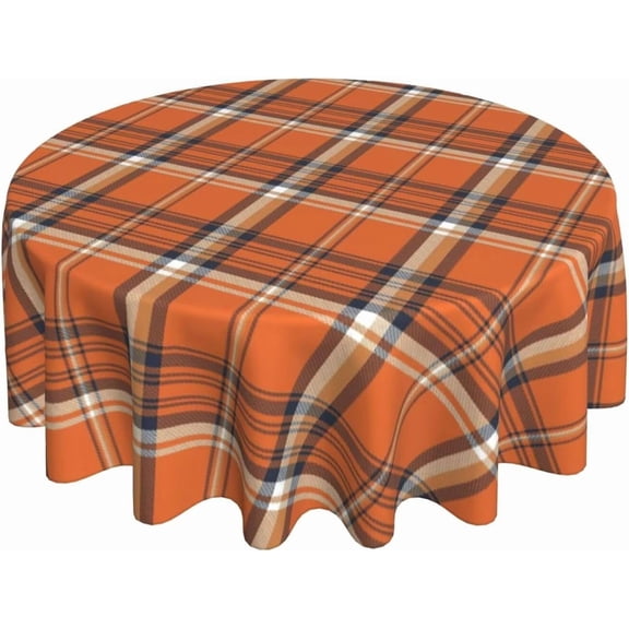 Fall Tablecloth Round 70 x 70 Inch Autumn Thanksgiving Orange Plaid Table Cloth Polyester Fabric Farmhouse Holiday Harvest Table Cover for Home Party Picnic Indoor Outdoor Decor