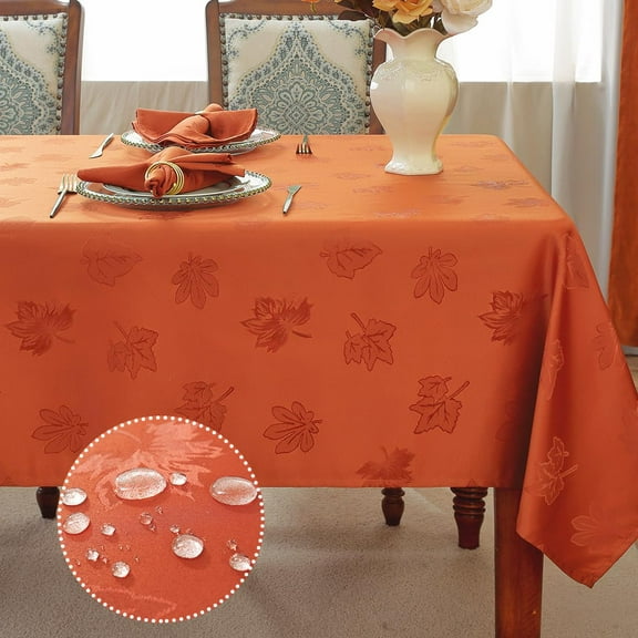 Fall Tablecloth Spillproof Heavy Duty Fabric Jacquard Table Cloth with Maple Leaves Design for Thanksgiving, Harvest Holidays 52"x70" Rust