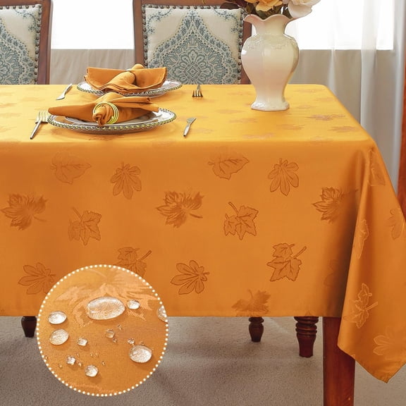 Fall Tablecloth Spillproof Heavy Duty Fabric Jacquard Table Cloth with Maple Leaves Design for Thanksgiving, Harvest Holidays Amber
