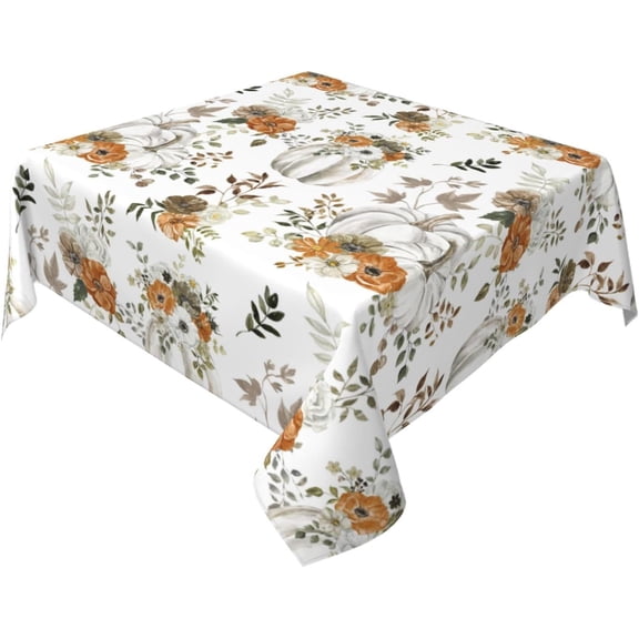 Fall Tablecloth Square 52x52 Inch Watercolor Grey Pumpkins Floal Leaves Table Cloth,Stain Resistance Polyester Autumn Harvest Thanksgiving Table Covers for Kitchen Dining Party Picnic