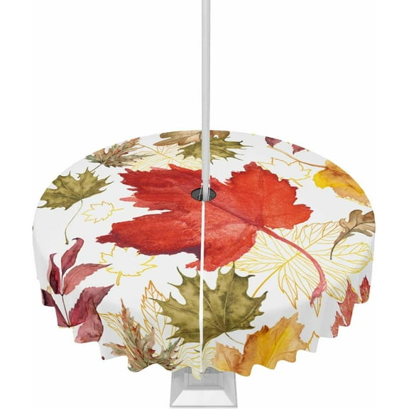 Fall Tablecloth with Umbrella Hole and Zipper Maple Leaves Round Outdoor Tablecloths 60 Inch Table Cloths Autumn Plant Thanksgiving Patio Table Cloth Cover for Holiday Party Picnic Yard Garden Decor