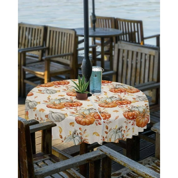 Fall Tablecloth with Umbrella Hole and Zipper White Orange Pumpkin Round Outdoor Tablecloths 60 Inch Table Cloths Maple Leaves Thanksgiving Patio Table Cloth Cover for Holiday Party Picnic Yard Garden