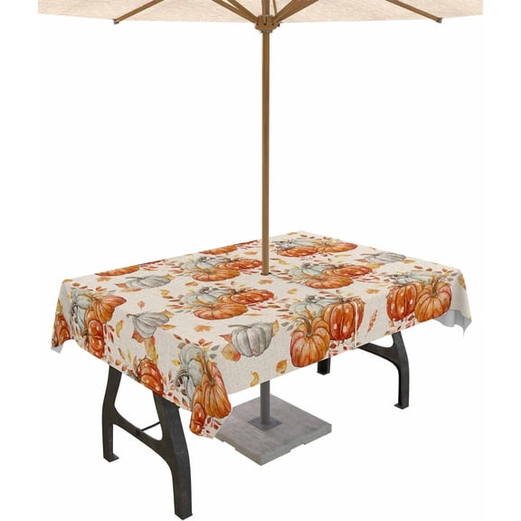 Fall Tablecloth with Umbrella Hole and Zipper White Orange Pumpkin Round Outdoor Tablecloths 60 Inch Table Cloths Maple Leaves Thanksgiving Patio Table Cloth Cover for Holiday Party Picnic Yard Garden