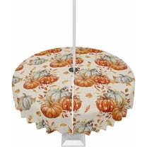 Fall Tablecloth with Umbrella Hole and Zipper White Orange Pumpkin Round Outdoor Tablecloths 60 Inch Table Cloths Maple Leaves Thanksgiving Patio Table Cloth Cover for Holiday Party Picnic Yard Garden