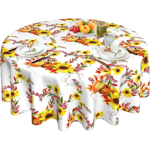 Fall Tablecloth Washable Pumpkin Sunflower Tablecloth Round 60 Inch Reusable Autumn Table Cloth for Holiday Party Dinner Dining Table Decor