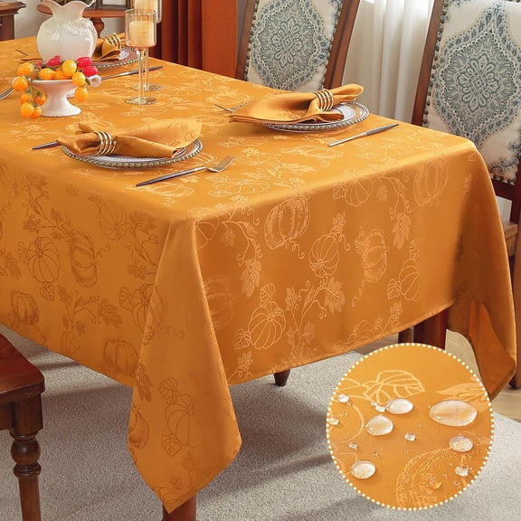 Fall Tablecloths Jacquard Thanksgiving Table Cloth with Pumpkins and Vines, Stain Resistant Table Cover for Harvest, Dining, Party Decor 52" x 52" Amber