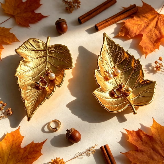 Fall Tabletop Decor, Gold Cast Iron Maple Leaf Trinket Tray for Jewelry Ring Storage and Home Display, Elegant Fall Decorations for Home Accent