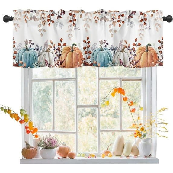 Fall Tanksgiving Kitchen Curtains Valances for Bedroom Livingroom,Watercolor Pumpkin Eucalyptus Leaf Curtains & Drapes Rod Pocket Autumn Valance for Kitchen Window Curtains Over Sink 54x18in,1 Panel