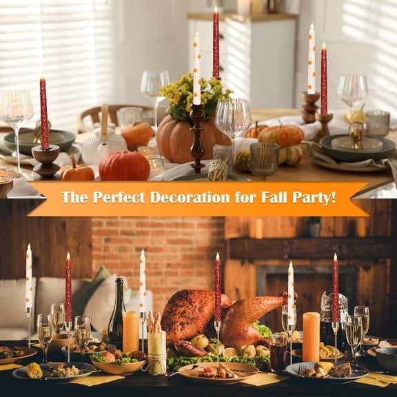 Fall Taper Candles with Remote Timer, Embossed Pumpkin Design Flameless Taper Candles, Home Party Bedroom Autumn Thanksgiving Decorations, Set of 2