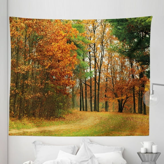Fall Tapestry, Cloudy Overcast Day in September Shrubs Pines Sidewalk in the Park Forest, Fabric Wall Hanging Decor for Bedroom Living Room Dorm, 5 Sizes, Orange Green Brown, by Ambesonne