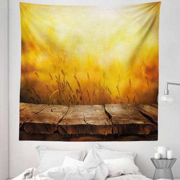 Fall Tapestry, Empty Wooden Tabletop Layout Setting Sun Afternoon Wheat Agriculture Print, Fabric Wall Hanging Decor for Bedroom Living Room Dorm, 5 Sizes, Brown Orange Yellow, by Ambesonne