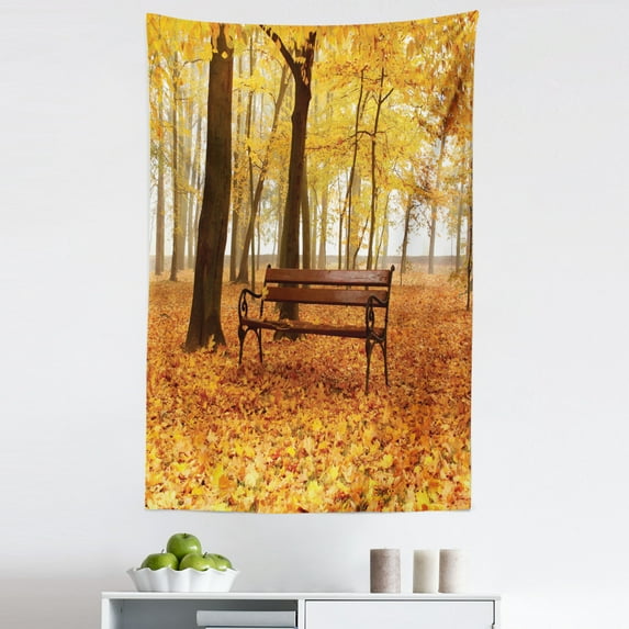 Fall Tapestry, Rustic Bench in Orange Pale Autumn Park Mist Day November Love Fall Season Photo, Fabric Wall Hanging Decor for Bedroom Living Room Dorm, 5 Sizes, Orange Brown, by Ambesonne