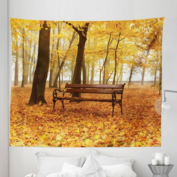 Fall Tapestry, Rustic Bench in Orange Pale Autumn Park Mist Day November Love Fall Season Photo, Fabric Wall Hanging Decor for Bedroom Living Room Dorm, 5 Sizes, Orange Brown, by Ambesonne