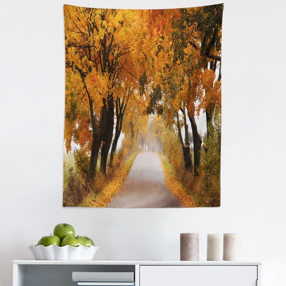Fall Tapestry, Fall Season in Poland Road with Colorful Vibrant Maple Trees Serenity Theme, Fabric Wall Hanging Decor for Bedroom Living Room Dorm, 5 Sizes, Orange Brown Green, by Ambesonne
