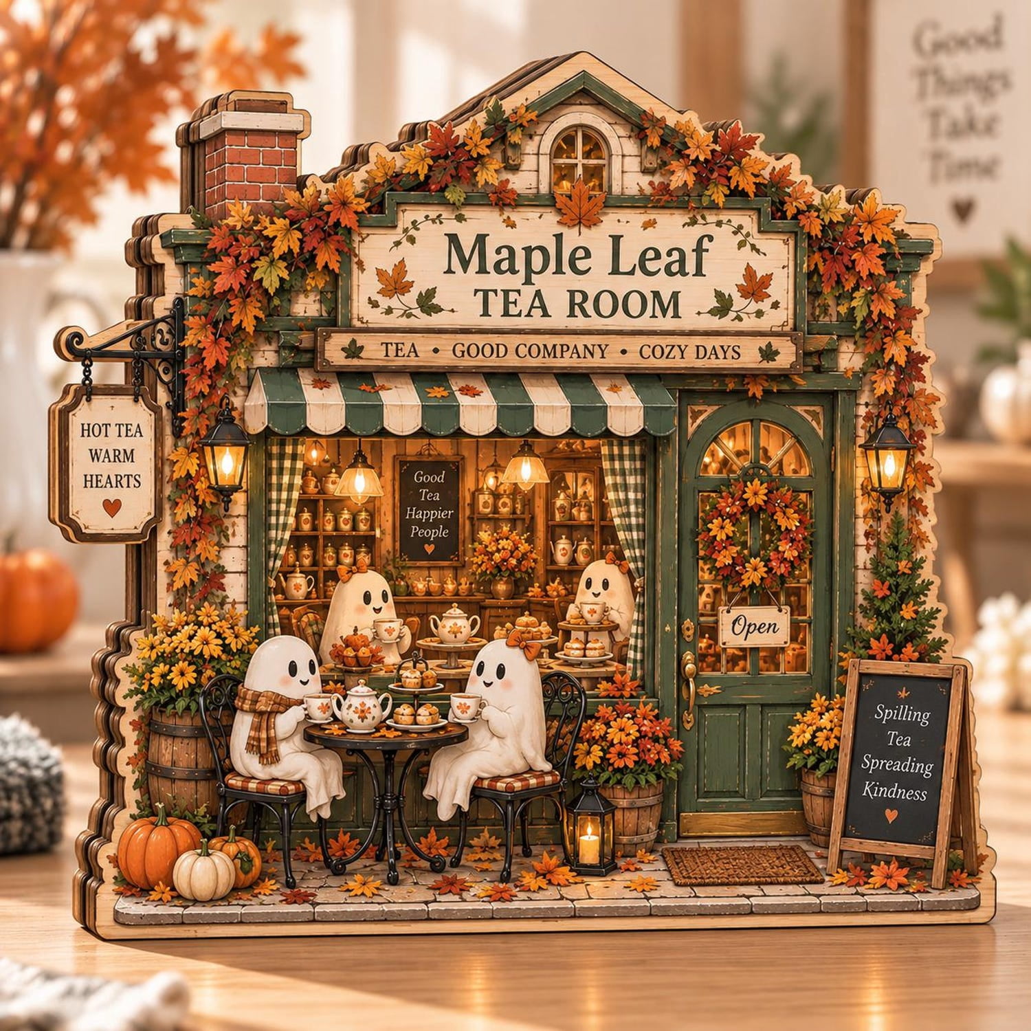 Fall Tea Room Wooden Home Decor, Custom Tea Shop Decor, Autumn Maple ...