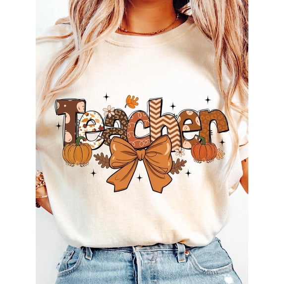 Fall Teacher Graphic T‑Shirt for Women, Leopard Pumpkin Bow Autumn Casual Short Sleeve Teacher Gift Tee