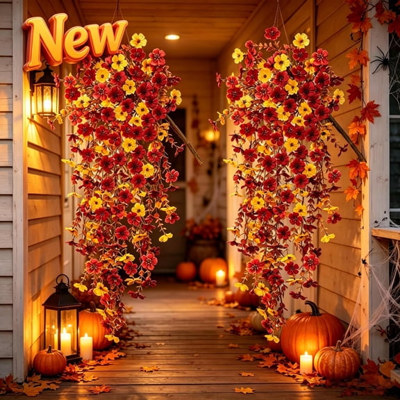 Fall Teardrop Floral Swag, Artificial Hanging Flowers for Outdoor, UV Resistant Mums Maple Leaf Fake Floral Swag, Reusable Rustic Front Door Porch Decor for Halloween Thanksgiving Harvest Home Cafe