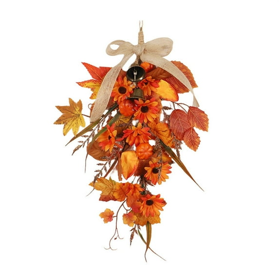 Fall Teardrop Swags Autumn Rustic Artificial Swags with Maple Leaves Pumpkin Berries Burlap Bow Teardrop Hanging Decoration for Front Door Fall Decoratingharlik