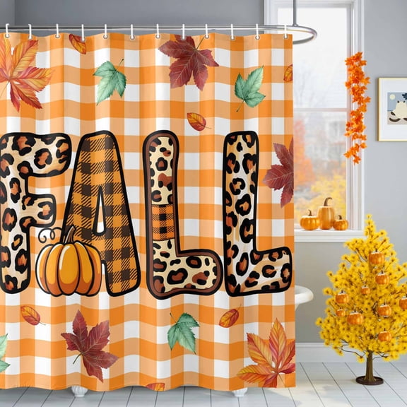 Fall Text Shower Curtains for Bathroom, Leopard Print Pumpkin Maple Leaf Orange Plaid Waterproof Fabric Shower Curtain for Bathroom Bathtub Decoration, Machine Washable, 72"x72"