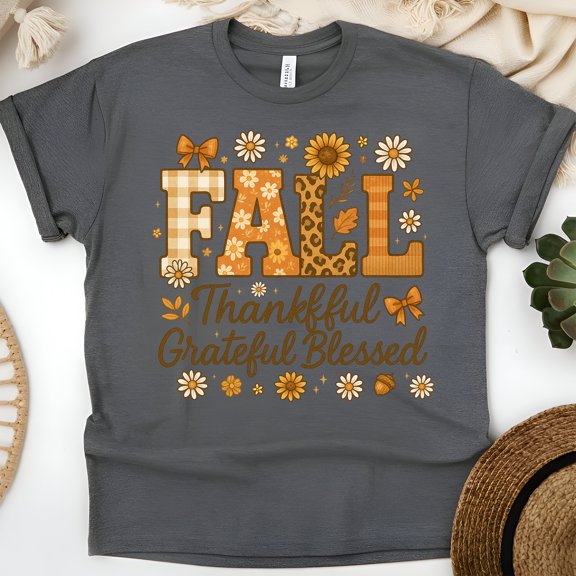 Fall Thankful Grateful Blessed Graphic Tee, Autumn Retro T-Shirt for Women, Dark Heather, Size S