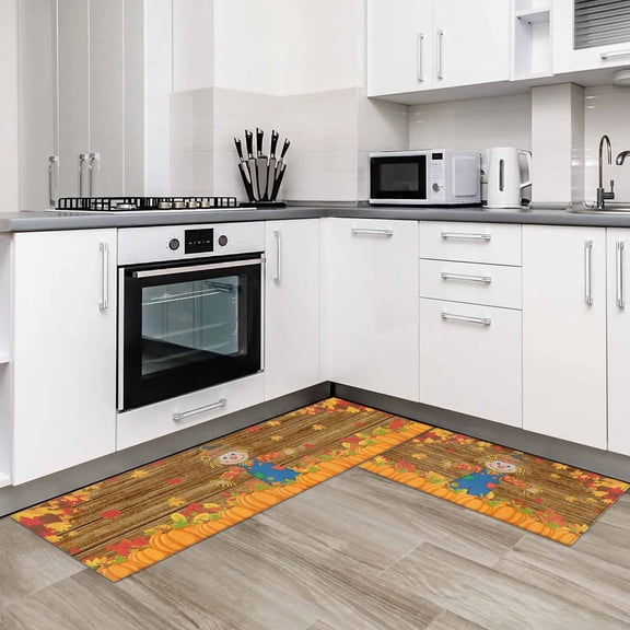 Fall Thanksgiving 2 Pieces Non-Slip Kitchen Mat Set Straw Man Pumpkins Autumn Leaves Country Soft Door Mat with Rubber Backing,Dirtproof Rugs for Entrance Doorway 23.6x35.4in+23.6x70.9in