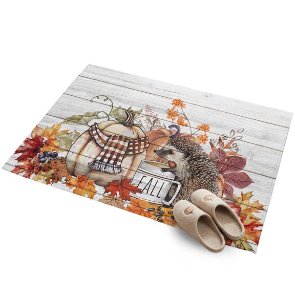 Fall Thanksgiving 2'x3' Small Rugs for Entryway Front Door Kitchen Sink Area, Pumpkin Hedgehog Leaf Coffee Wood Grain Soft Sturdy Mats Washable Non Slip Rectangle Area Rug