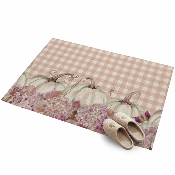Fall Thanksgiving 2'x3' Small Rugs for Entryway Front Door Kitchen Sink Area, Pumpkin Hydrangea Pink Plaid Linen Soft Sturdy Mats Washable Non Slip Rectangle Area Rug