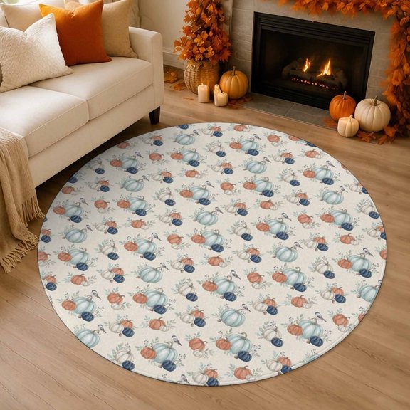 Fall Thanksgiving 3' Round Rug for Bathroom Accent Bedside Corner, Rustic Farmhouse Orange Cream Pumpkin Harvest Washable Non Slip Soft Circle Area Rug for Small Spaces Entryway