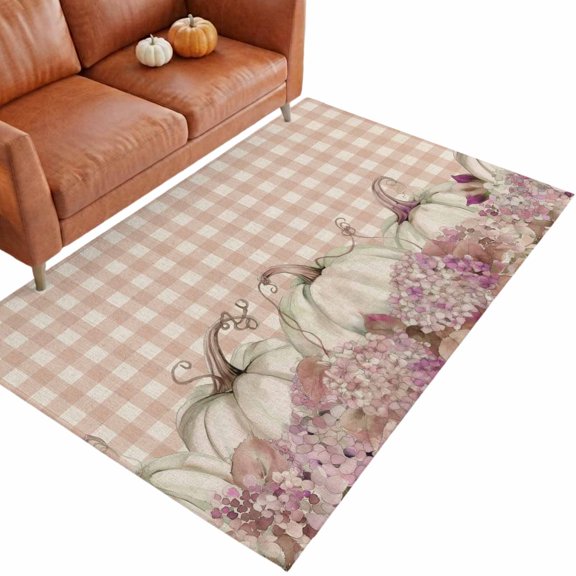 Fall Thanksgiving 3'x5' Entryway Rugs for Bedroom Foot of Bedside Small Living Room, Pumpkin Hydrangea Pink Plaid Linen Washable Mats Non Slip Rectangle Area Rug