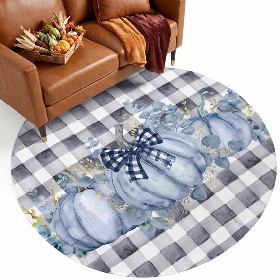 Fall Thanksgiving 7' Round Rugs for Living Room Conversation Area, Blue Pumpkin Eucalyptus Leaves Plaid Washable Non Slip Large Circle Area Rug Under Dining Table