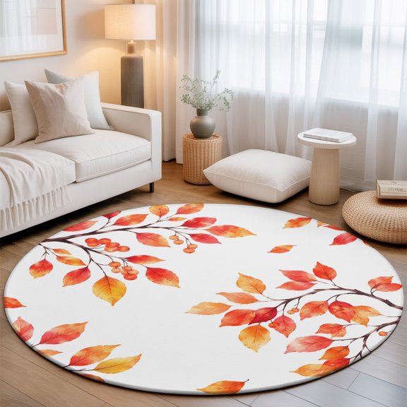 Fall Thanksgiving 7' Round Rugs for Living Room Conversation Area, Rustic Orange Rowan Leaf Berry Tree Branch Washable Non Slip Large Circle Area Rug Under Dining Table