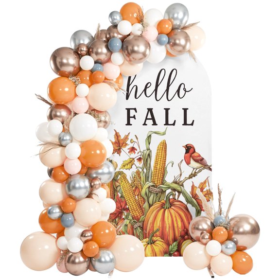 Fall Thanksgiving Arch Backdrop Cover 4 FT, Orange Pumpkins Corn Wheat Robin Wedding Arch Cover Stretchy Backdrop Stands Covers for Birthday Party Ceremony Banquet Decor