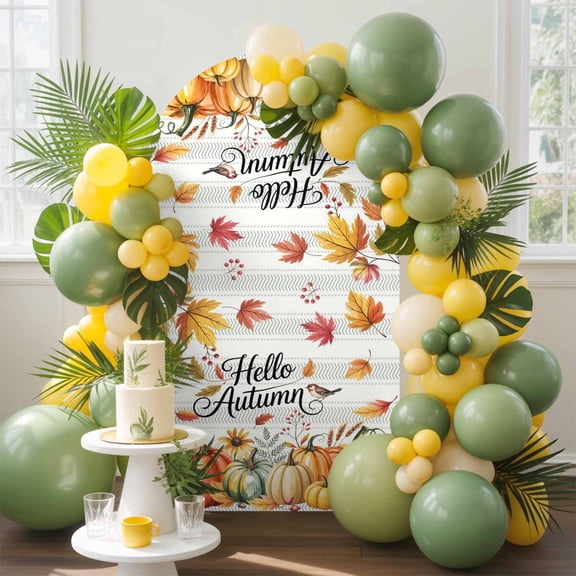 Fall Thanksgiving Arch Backdrop Cover, 4FT, Hello Autumn Pumpkin Leaf Stripe Spandex Arch Covers Double-Sided Backdrop for Wedding Birthday Party Photo Background Decoration