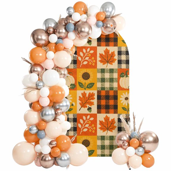 Fall Thanksgiving Arch Backdrop Cover 6.6Ft, Wedding Arch Covers Stretchy Backdrop, Farm Harvest Pumpkin Maple Leaf Patchwork Fitted 2 Sided Arched Photo Background for Birthday Party Decorations
