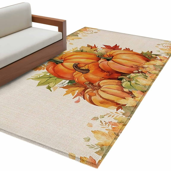 Fall Thanksgiving Area Rug 3x5 FT, Non Slip Entryway Bedside Carpet, Rustic Orange Pumpkin Harvest Maple Leaf Washable Soft Floor Carpet Indoor Mat Throw Rug for Dorm Kitchen Home Office