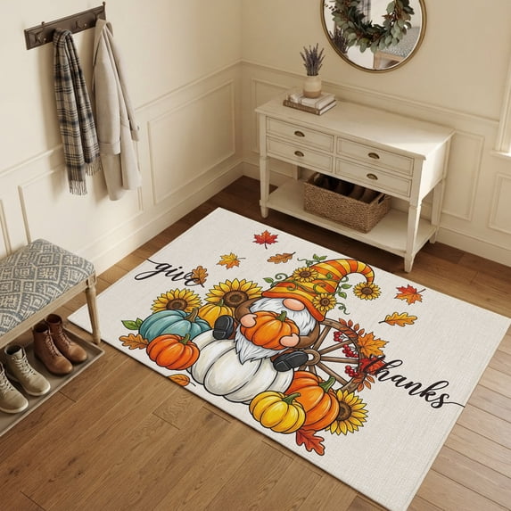Fall Thanksgiving Area Rugs 4'x6', Washable Small Throw Rugs for Office Bathroom, Cartoon Pumpkins Maple Leaf Gnomes Floral Indoor Outdoor Rug Non-Slip Low Pile Carpet Runner Reversible Floor Mats