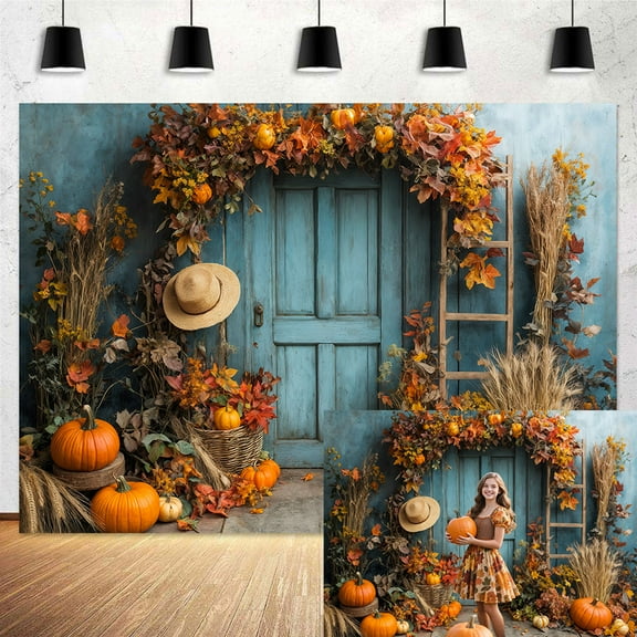 Fall Thanksgiving Backdrop Autumn Maple Leaves Pumpkin Photography Background Rustic Wood Door Harvest Thanksgiving Day Baby Shower Party Banner Decorations Photo Studio Propss,10X8ft