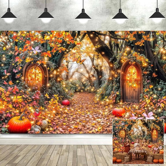 Fall Thanksgiving Backdrop Magic Garden Forest Scenery Autumn Pumpkin Maple Leaves Background Friendsgiving Baby Shower Birthday Party Decorations Banner Photo Booth Props