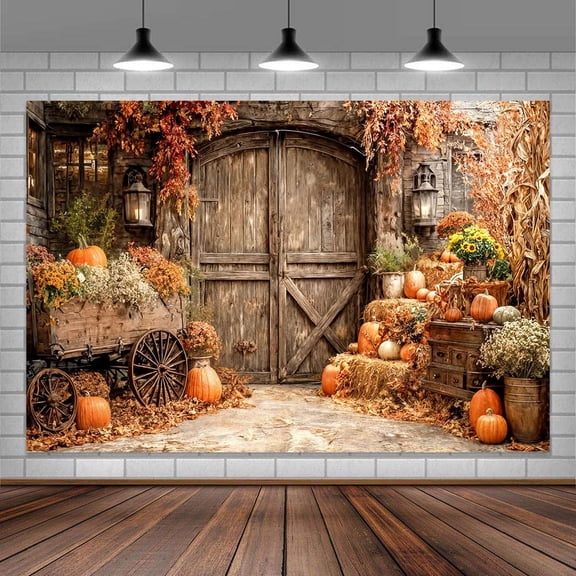 Fall Thanksgiving Backdrop Rustic Wood Door Backdrop Haystack Barn Autumn Pumpkins Maple Leaves Sunflower Backdrop Thanksgiving Photo Studio Props 7x5ft