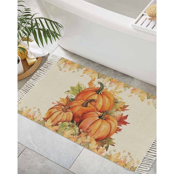 Fall Thanksgiving Bath Rug 2x3ft Woven Bathroom Entryway Runner Rug,Rustic Orange Pumpkin Harvest Maple Leaf Washable Living Room Hallway Bedroom Kitchen Carpet with Tassels,Indoor Outdoor Doormat