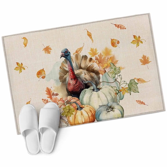 Fall Thanksgiving Bathroom Mat 2x3 FT, Non Slip Small Kitchen Mat, Pumpkin Turkey Maple Leaf Rustic Burlap Washable Soft Backed Front Door Throw Rug Indoor Outdoor Doormat for Entryway Sink
