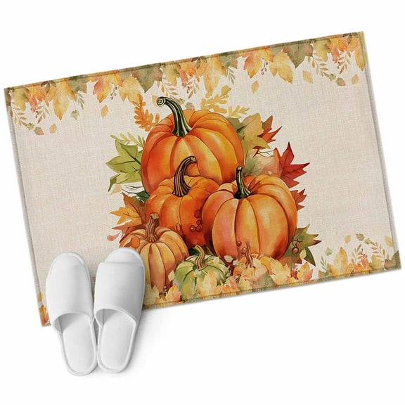 Fall Thanksgiving Bathroom Mat 2x3 FT, Non Slip Small Kitchen Mat, Rustic Orange Pumpkin Harvest Maple Leaf Washable Soft Backed Front Door Throw Rug Indoor Outdoor Doormat for Entryway Sink