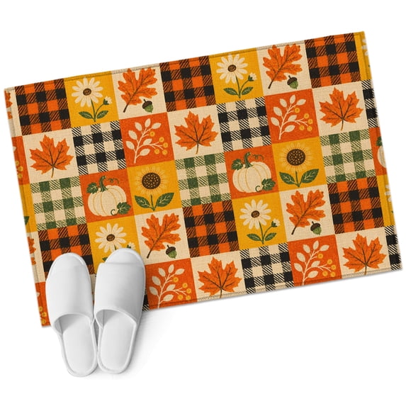 Fall Thanksgiving Bathroom Rug Washable 2x3 Entryway Rug Non Slip Farm Harvest Pumpkin Maple Leaf Patchwork Front Door Mat Low Pile Indoor Doormat Throw Floor Carpet for Kitchen Bedroom Entrance