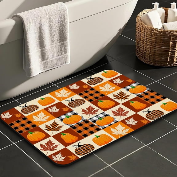 Fall Thanksgiving Bathroom Rugs Quick-Drying Non-Slip Rubber Autumn Pumpkin Maple Leaves Welcome Bath Mats Super Absorbent Winter Bathroom Rug Kitchen Sink, Shower Room, Bathtub,16"x24"