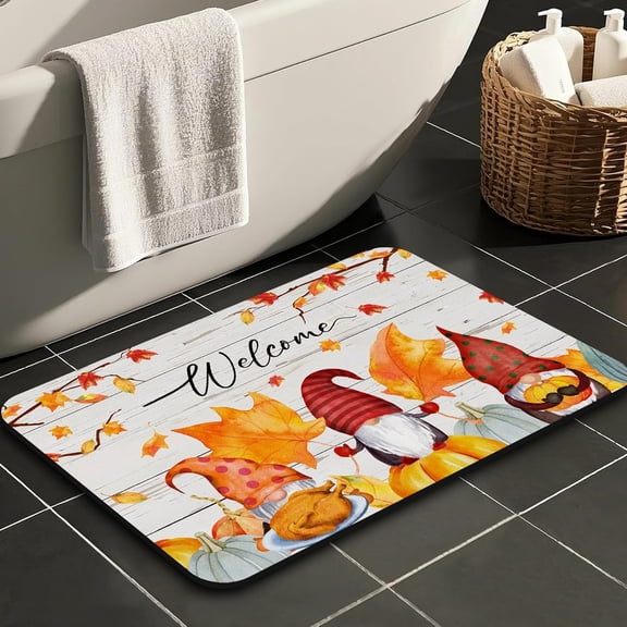 Fall Thanksgiving Bathroom Rugs Quick-Drying Non-Slip Rubber Autumn Pumpkin Maple Leaves Welcome Bath Mats Super Absorbent Winter Bathroom Rug Kitchen Sink, Shower Room, Bathtub,16"x24"