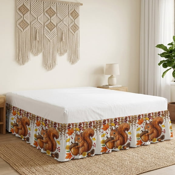 Fall Thanksgiving Bed Skirt Bed Skirts King Size 18 Inch Drop, Rustic Squirrel Acorn Orange Maple Leaves Wrap Around Dust Ruffle Bedskirt with Adjustable Elastic Belt for King Size Beds